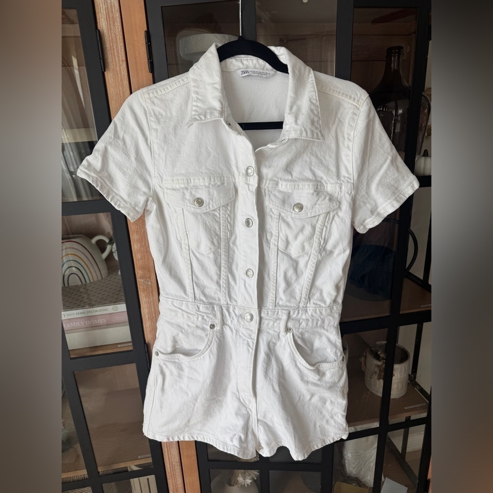 Zara denim playsuit romper button up utility short sleeves white cream collar